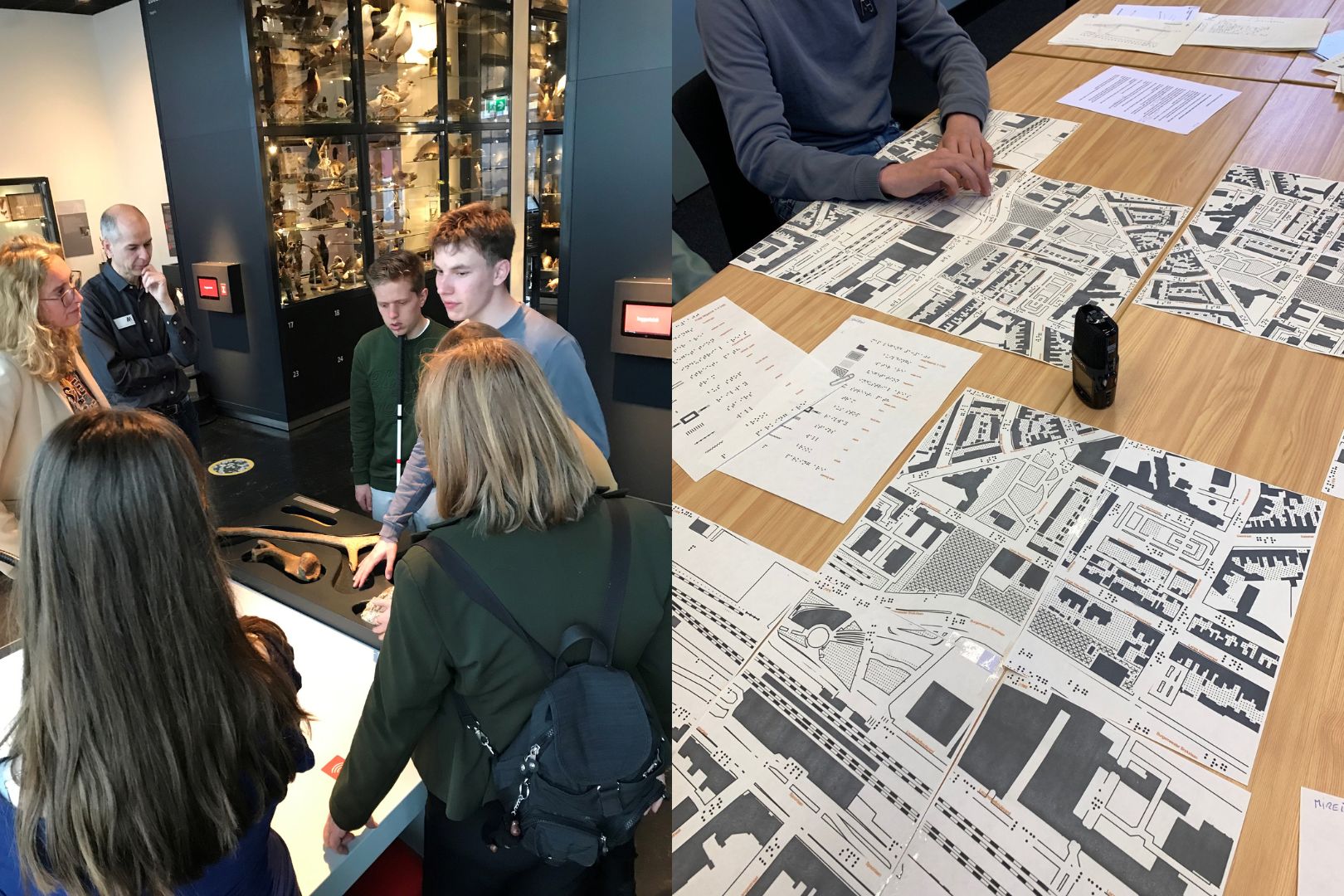 Club Orange-leden testen in Natuurmuseum Brabant de toegankelijkheid van hun tentoonstelling en de voelbare tekening van station Tilburg.